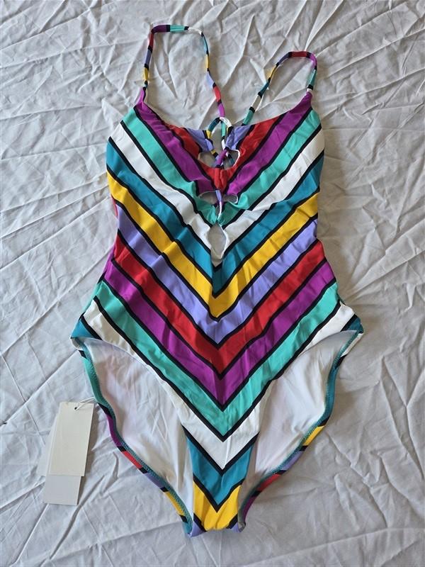 NWT Red Carter M Lace-up Keyhole Rainbow Striped 1PC Swimsuit 130378