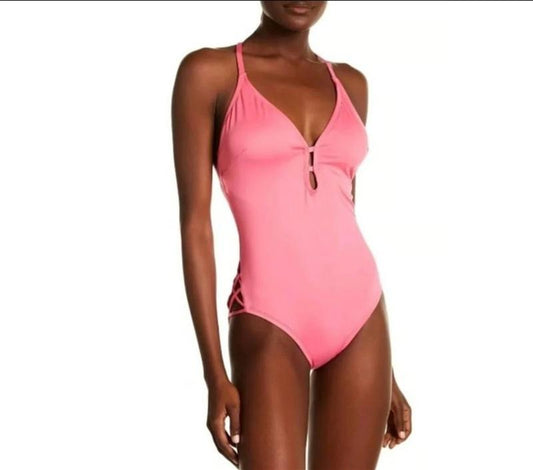 NWOT LAUNDRY BY SHELLI SEGAL Plunge M 1Pc Swimsuit Pink 130384