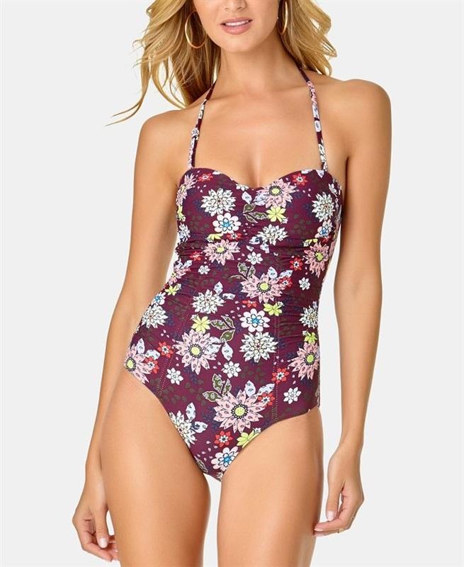 NWT Anne Cole 12 Live In Color Twist Front Floral 1PC Swim Wine 130386
