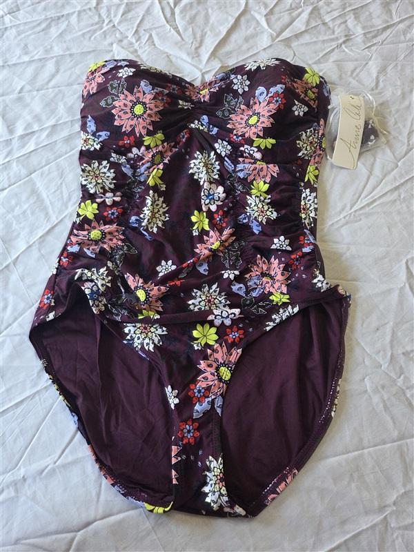 NWT Anne Cole 12 Live In Color Twist Front Floral 1PC Swim Wine 130386