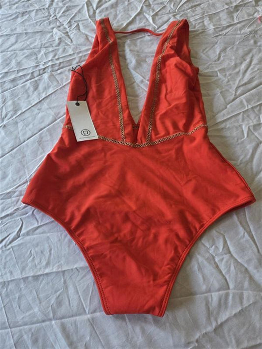 NWT ElleJay XS Audrey Deep V 1PC Cheeky Swimsuit Red 130392