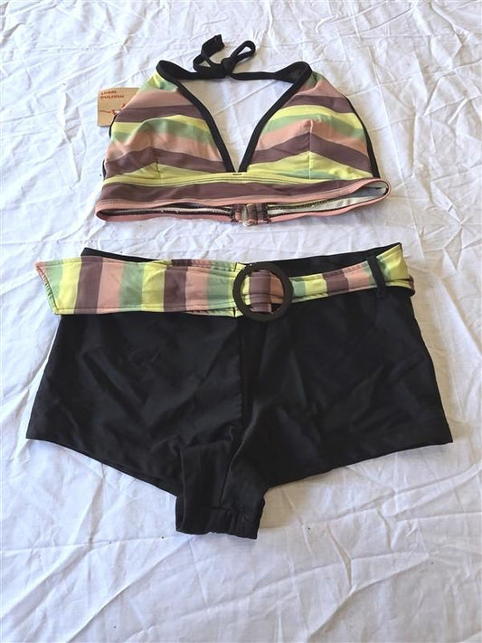 NWT Marina West SM Rasta Stripe Bikini Swim Top & Belted Bottom 130432
