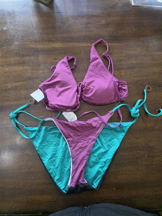 NWOT SOLUNA S Color Block Bikini Top & Bottom Burgundy Green Sample 130438