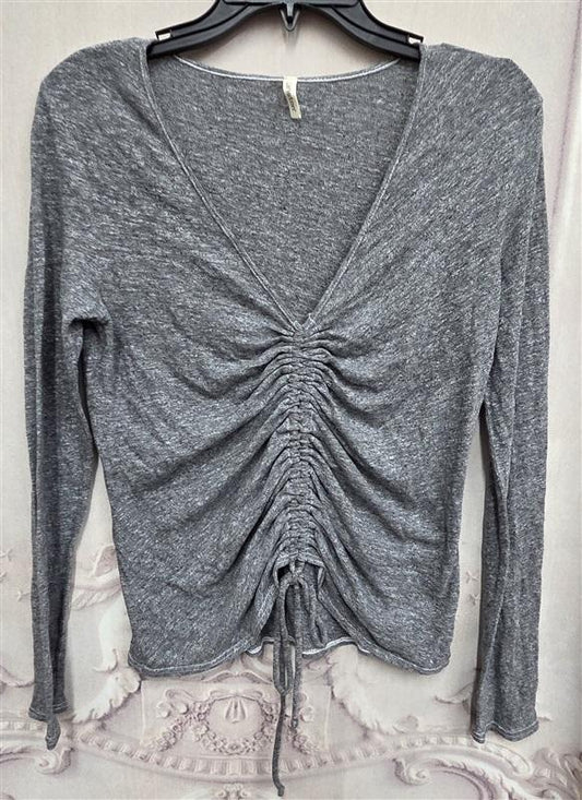 NWOT Lanston XS Ruched Tie Front Long Sleeve V Neck T Shirt Top 130456