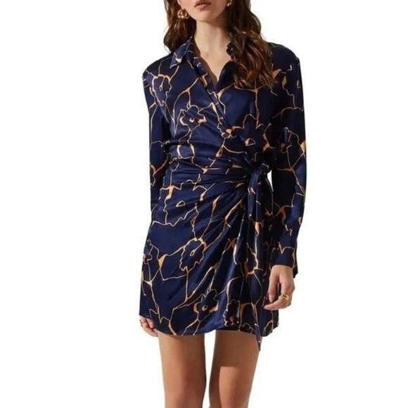 NWOT Astr The Label M Veronica Long Sleeve Wrap Blue Mini Dress 130461