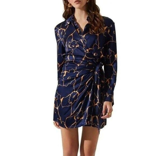 NWOT Astr The Label M Veronica Long Sleeve Wrap Blue Mini Dress 130461