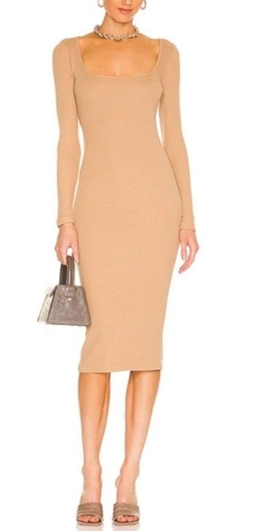 NWT Monrow M Ribbed Square Neck Midi Dress in Latte Tan 130493