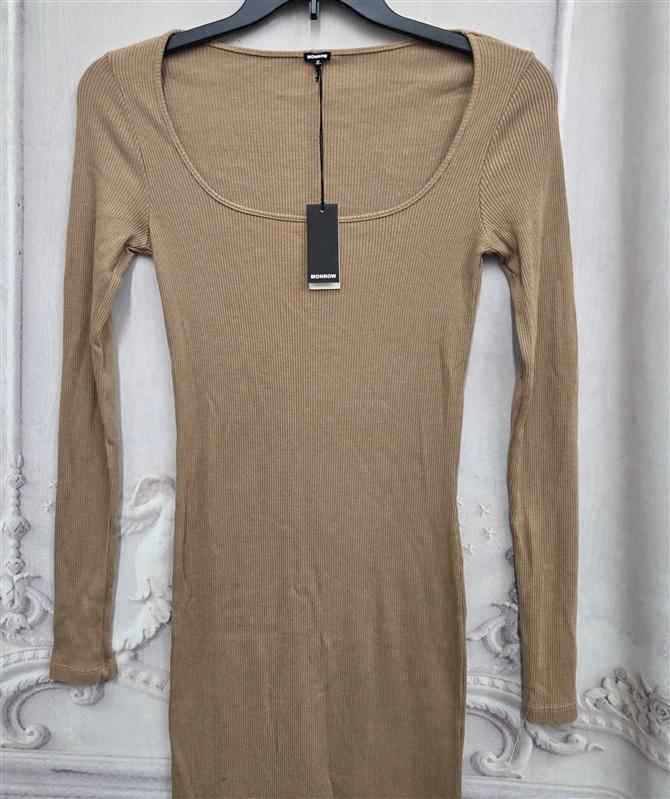 NWT Monrow M Ribbed Square Neck Midi Dress in Latte Tan 130493