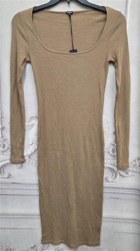 NWT Monrow M Ribbed Square Neck Midi Dress in Latte Tan 130493