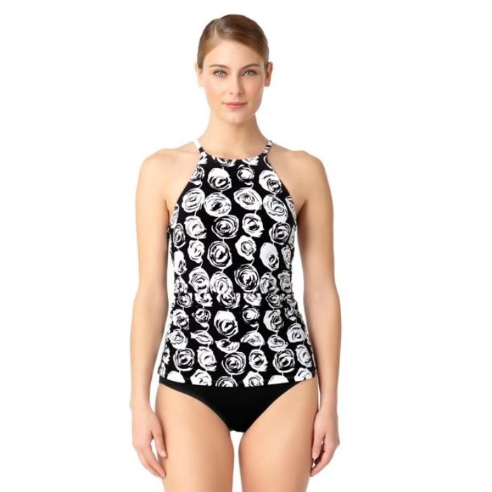 NWOT Anne Cole XS Black & White Coming Up Roses High Neck Tankini Top 130499