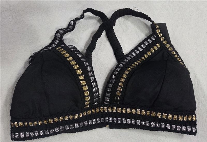 NWT La Blanca 8 Black Gold Silver Deep V Crochet Bikini Swim Top 130532