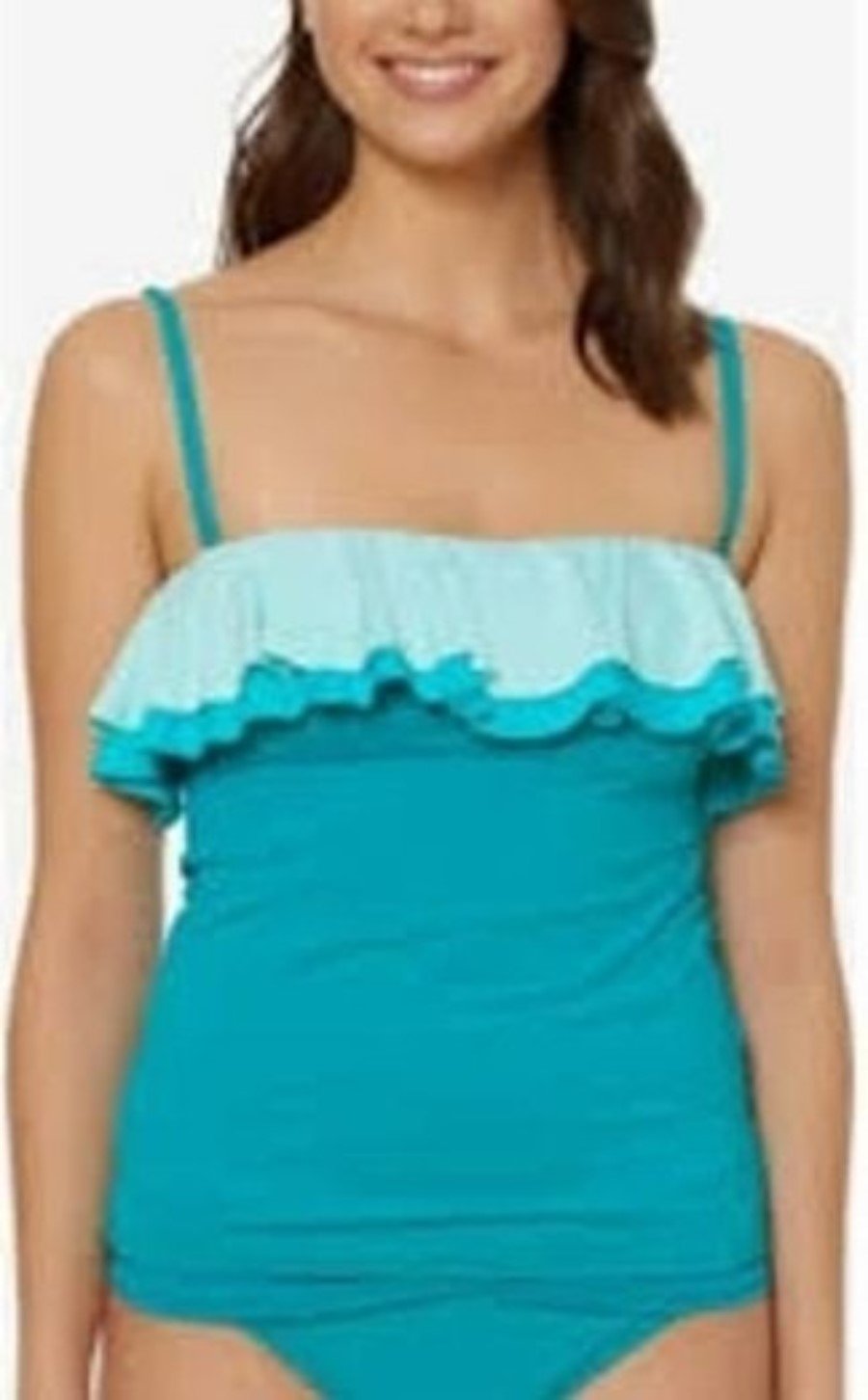 NWT Bleu Rod Beattie 12 Shirred Ruffle Bandeau Tankini Teal Blue 130534