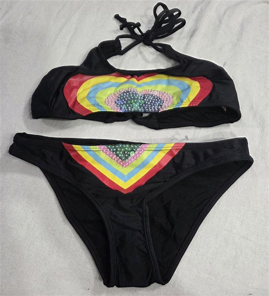 NWOT PIlyq 16 Girls Sparkle Rainbow Heart Bikini Top & Bottom 130558