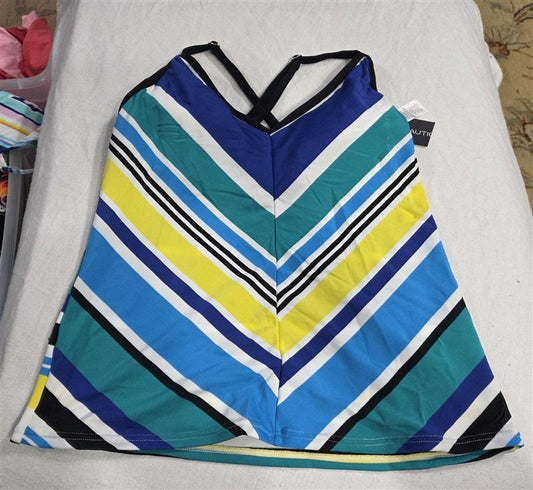NWT Nautica S Tankini Deep Sea Stripe Top Swimsuit Blue yellow 130565