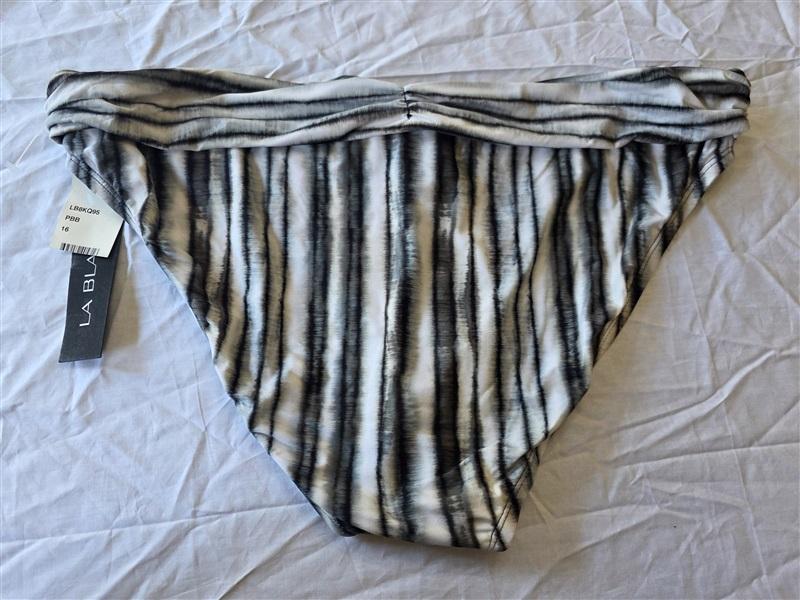NWT La Blanca 12 Grey & White Stripe Ruched-Waist Hipster Bikini Bottom 130568