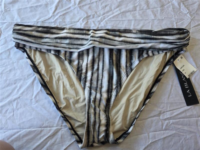 NWT La Blanca 12 Grey & White Stripe Ruched-Waist Hipster Bikini Bottom 130568