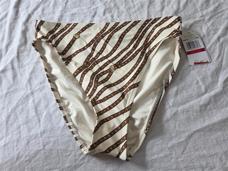 NWT Michael Kors XS High Waist Logo Ring Bikini Bottom Ivory Brown 130630