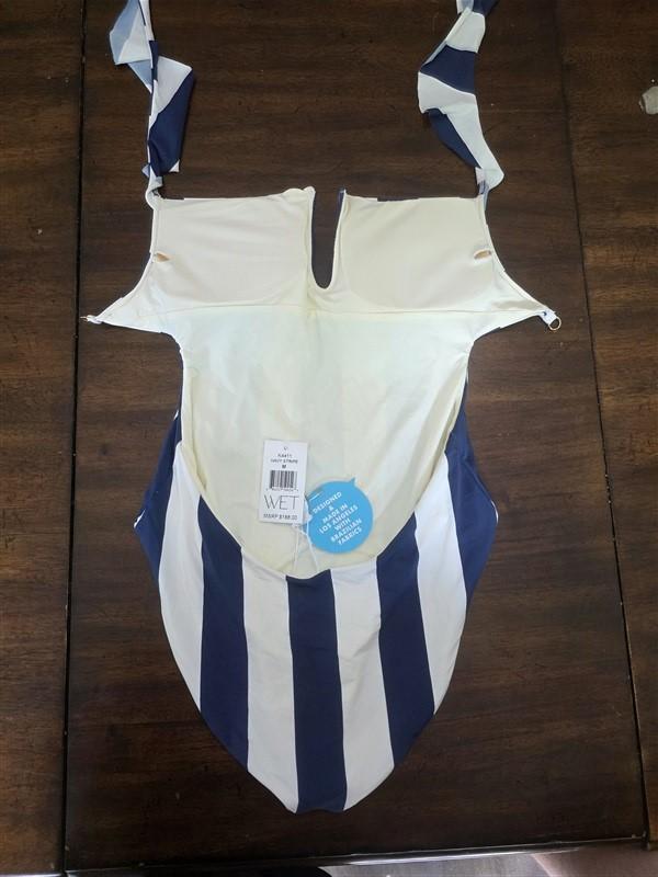 NWTD Wet LA XL Blue White Stripe Ruffle V Neck 1PC Swimsuit 130646
