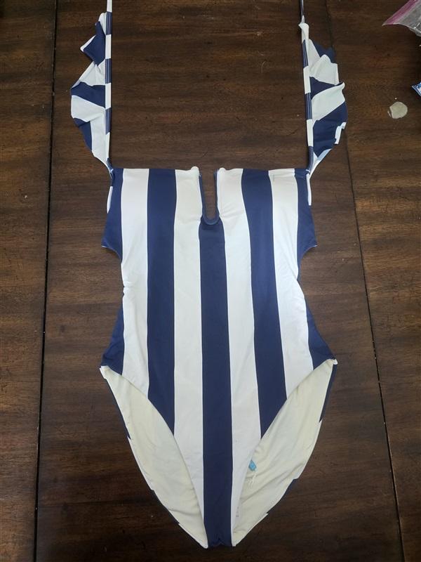 NWTD Wet LA XL Blue White Stripe Ruffle V Neck 1PC Swimsuit 130646