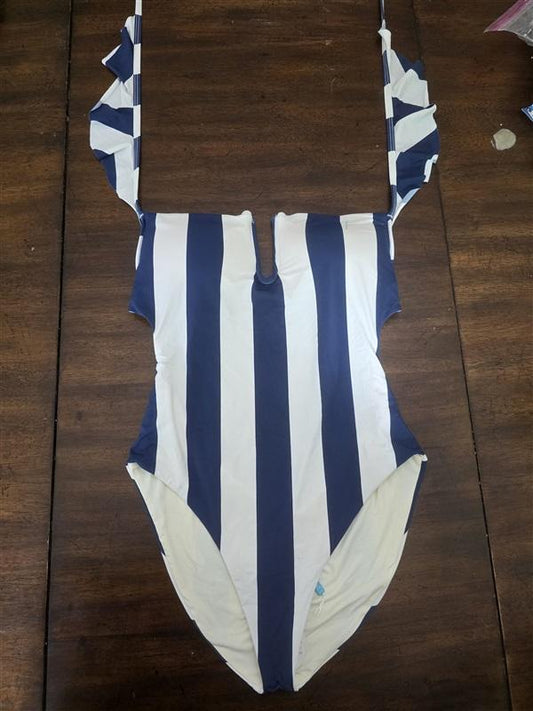 NWTD Wet LA XL Blue White Stripe Ruffle V Neck 1PC Swimsuit 130646