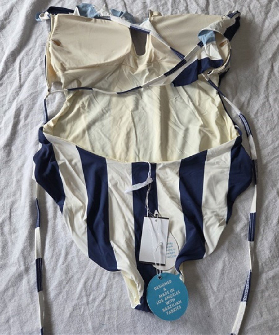 NWTD Wet LA XL Blue White Stripe Ruffle V Neck 1PC Swimsuit 130646