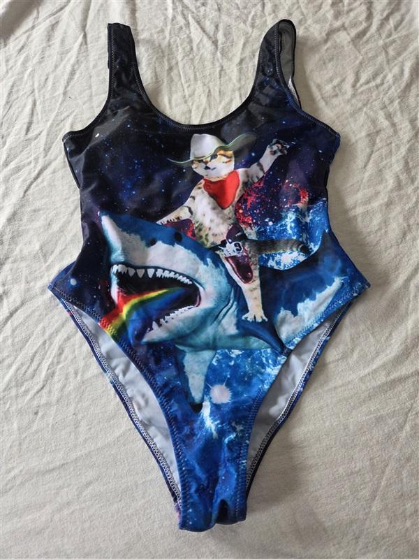 NWOT LARGE Orange Tabby Cat Riding Great White Shark 1PC Swimsuit 130672