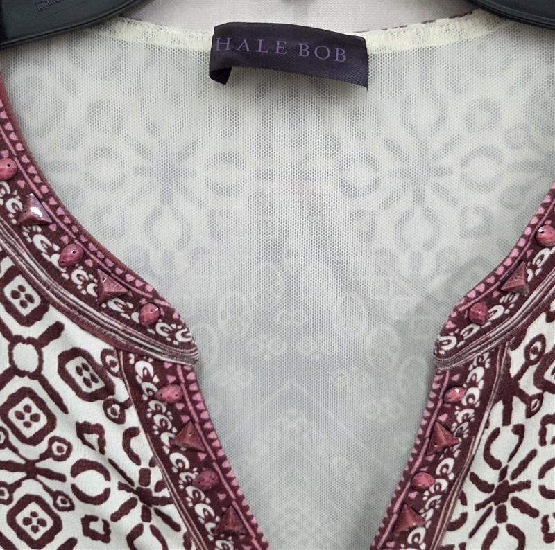 NWOT Hale Bob S Jersey Baroque Scarf Print Dress Wine Pink white V Neck 130722