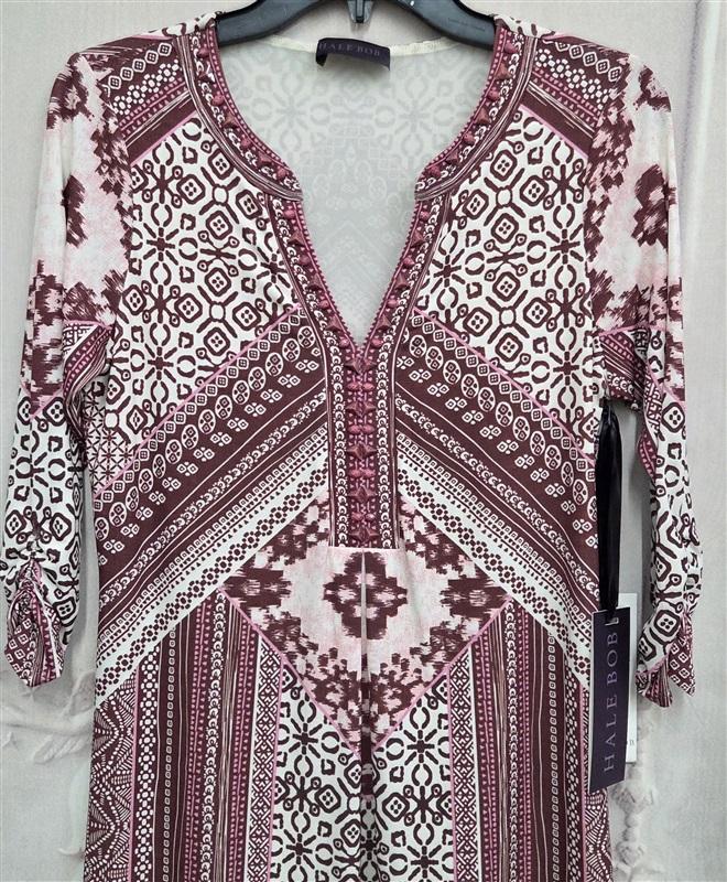 NWOT Hale Bob S Jersey Baroque Scarf Print Dress Wine Pink white V Neck 130722
