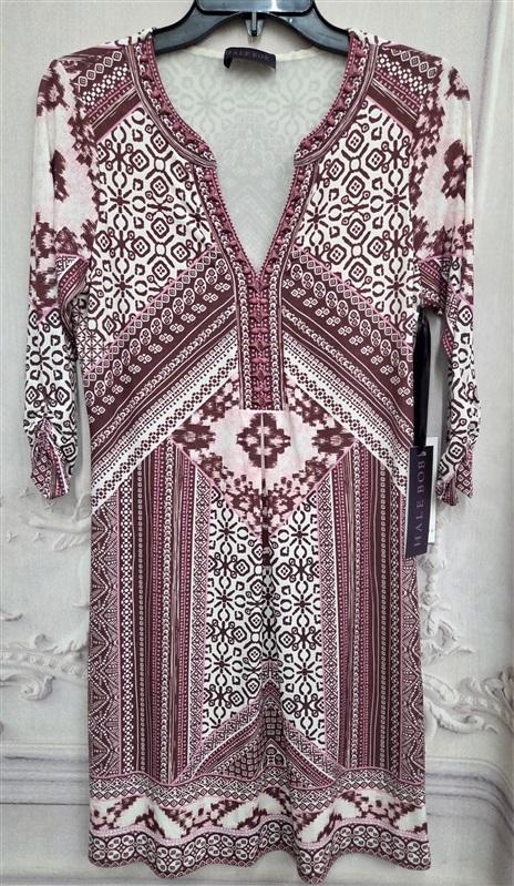 NWOT Hale Bob S Jersey Baroque Scarf Print Dress Wine Pink white V Neck 130722