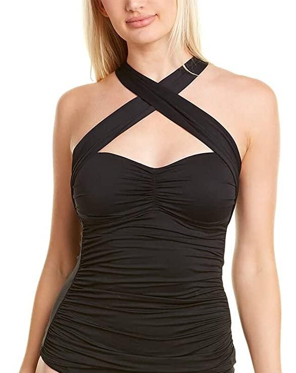 NWT La Blanca Island Goddess SZ 4 Black Halter Bandeau Tankini Swim Top 130761