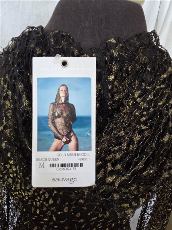 NWT Sauvage M Beach Queen Black Gold Mesh Hoodie Swim Cover Up Sheer 130770