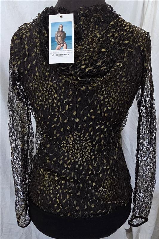 NWT Sauvage M Beach Queen Black Gold Mesh Hoodie Swim Cover Up Sheer 130770