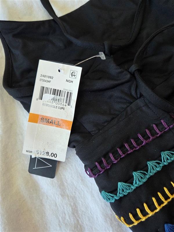 NWT Soluna S Embroidery Maillot Strappy Back 1Pc Swimsuit Black 130773