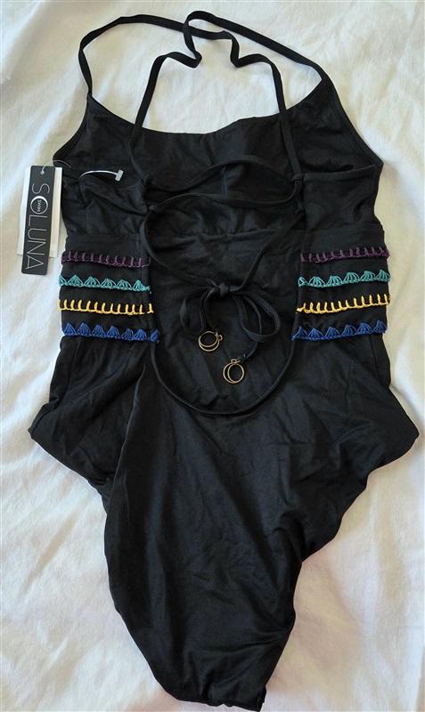 NWT Soluna S Embroidery Maillot Strappy Back 1Pc Swimsuit Black 130773