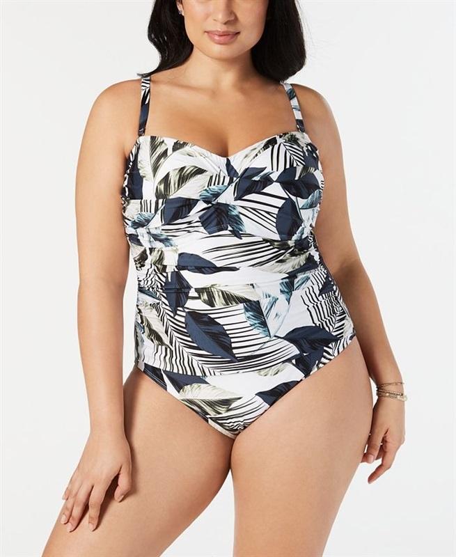 NWT La Blanca 12 Island Goddess Twist Front Blue Leaves 1Pc Swimsuit 130777