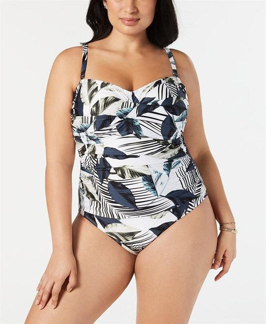 NWT La Blanca 12 Island Goddess Twist Front Blue Leaves 1Pc Swimsuit 130777
