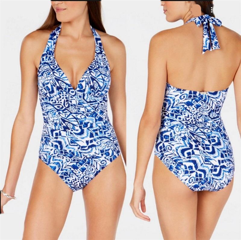 NWT Ralph Lauren 16 Halter Tummy-control 1PC Swimsuit Blue White 130780