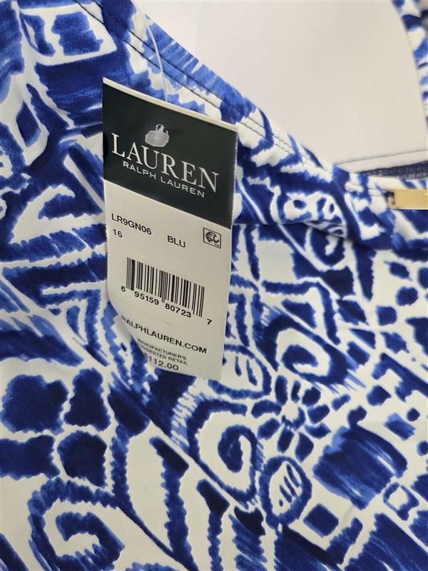 NWT Ralph Lauren 16 Halter Tummy-control 1PC Swimsuit Blue White 130780
