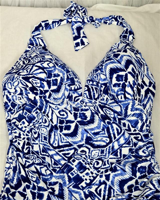 NWT Ralph Lauren 16 Halter Tummy-control 1PC Swimsuit Blue White 130780