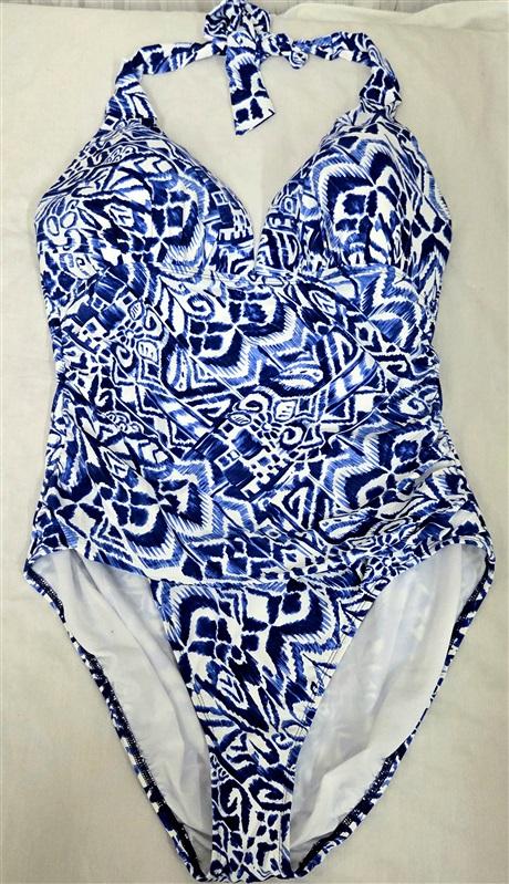 NWT Ralph Lauren 16 Halter Tummy-control 1PC Swimsuit Blue White 130780
