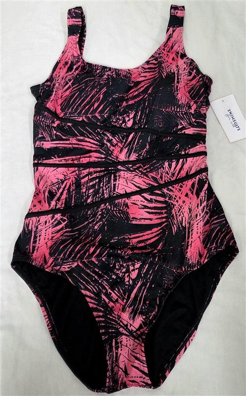 NWT Swimsuits For All 14 Aquabelle Splice Black Pink Leaf Tank Swimsuit 130782