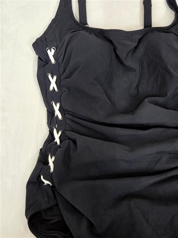 NWT Profile Gottex 6 Moto Black Lace Up Square Neck 1pc Swimsuit 130784