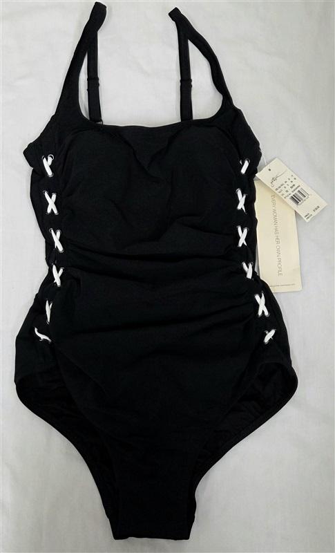 NWT Profile Gottex 6 Moto Black Lace Up Square Neck 1pc Swimsuit 130784