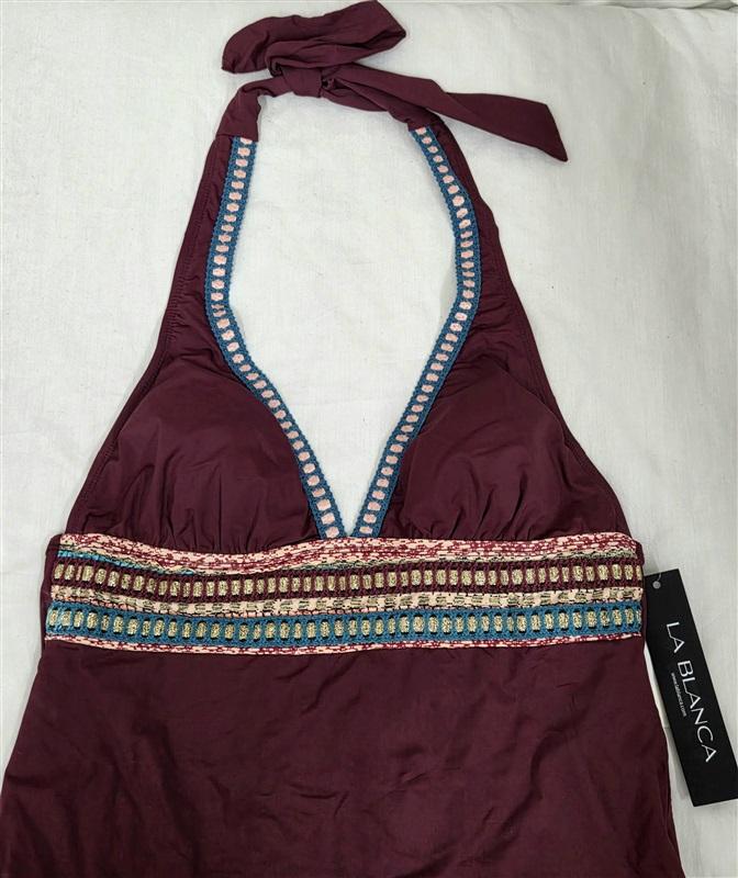 NWT La Blanca 8 Burgundy Crochet Ribbon Halter Tankini Swim Top 130794