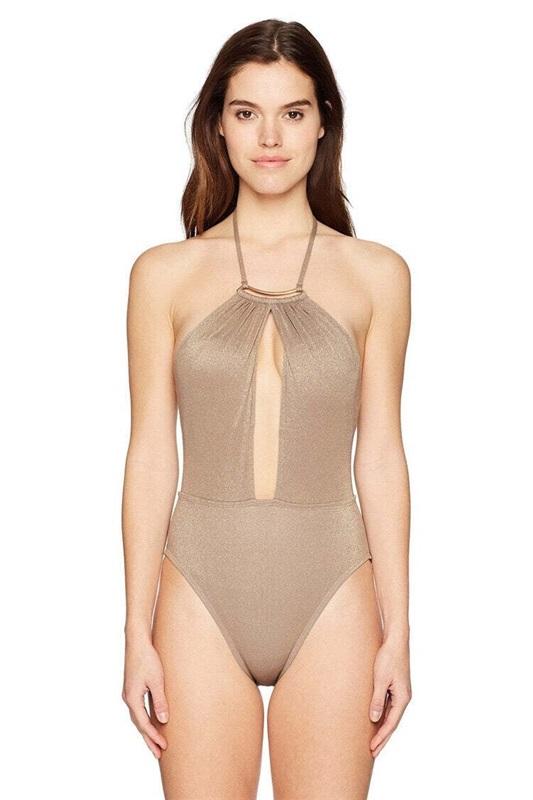 NWT Kenneth Cole XL Lurex Gold Solids Mio 1PC Swimsuit Gold Sparkle 130797
