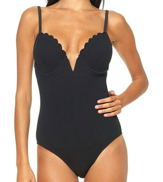 Jessica Simpson S Scallop Edge V-Wire Underwire 1PC Swimsuit Black 130798