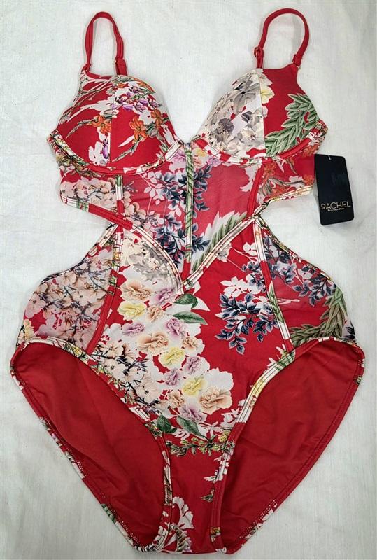 NWT Rachel Roy S Printed Mesh Underwire One-Piece Swimsuit Red Floral 130799