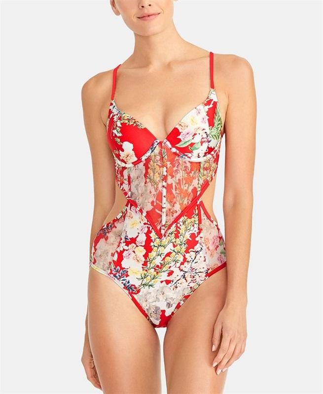 NWT Rachel Roy S Printed Mesh Underwire One-Piece Swimsuit Red Floral 130799
