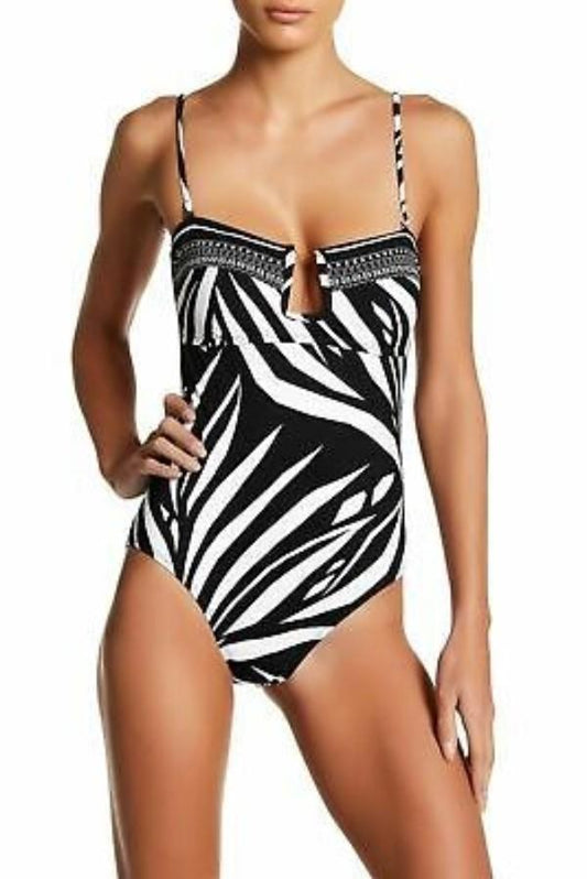 La Blanca 14 Sevilla Scarf U Wire Bandeau Plunge Zebra Swimsuit 130810