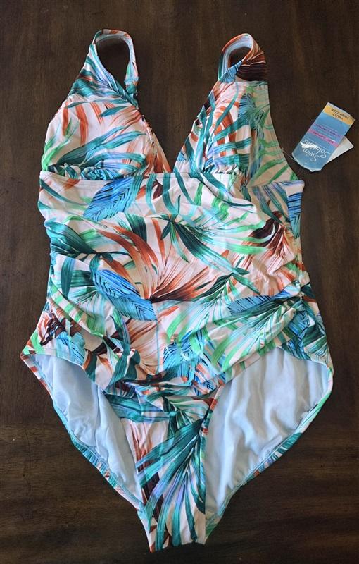 NWT Swim Solutions 18 Plunge Mio 1 pc Swimsuit Tropical Peach & White 130830